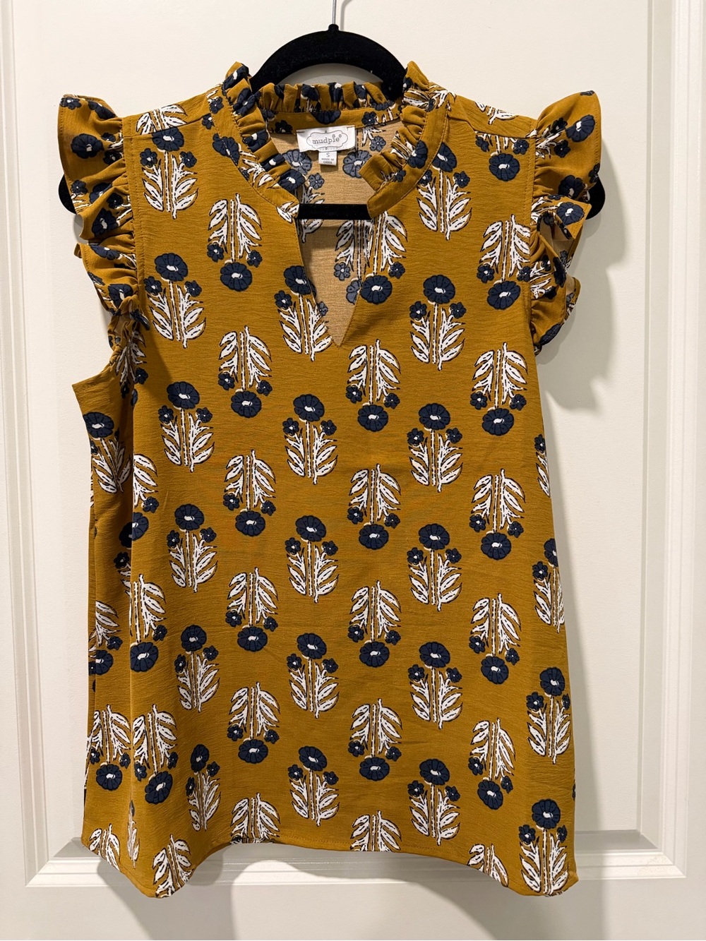 Mud Pie Mustard Floral Ruffle Sleeve Blouse
